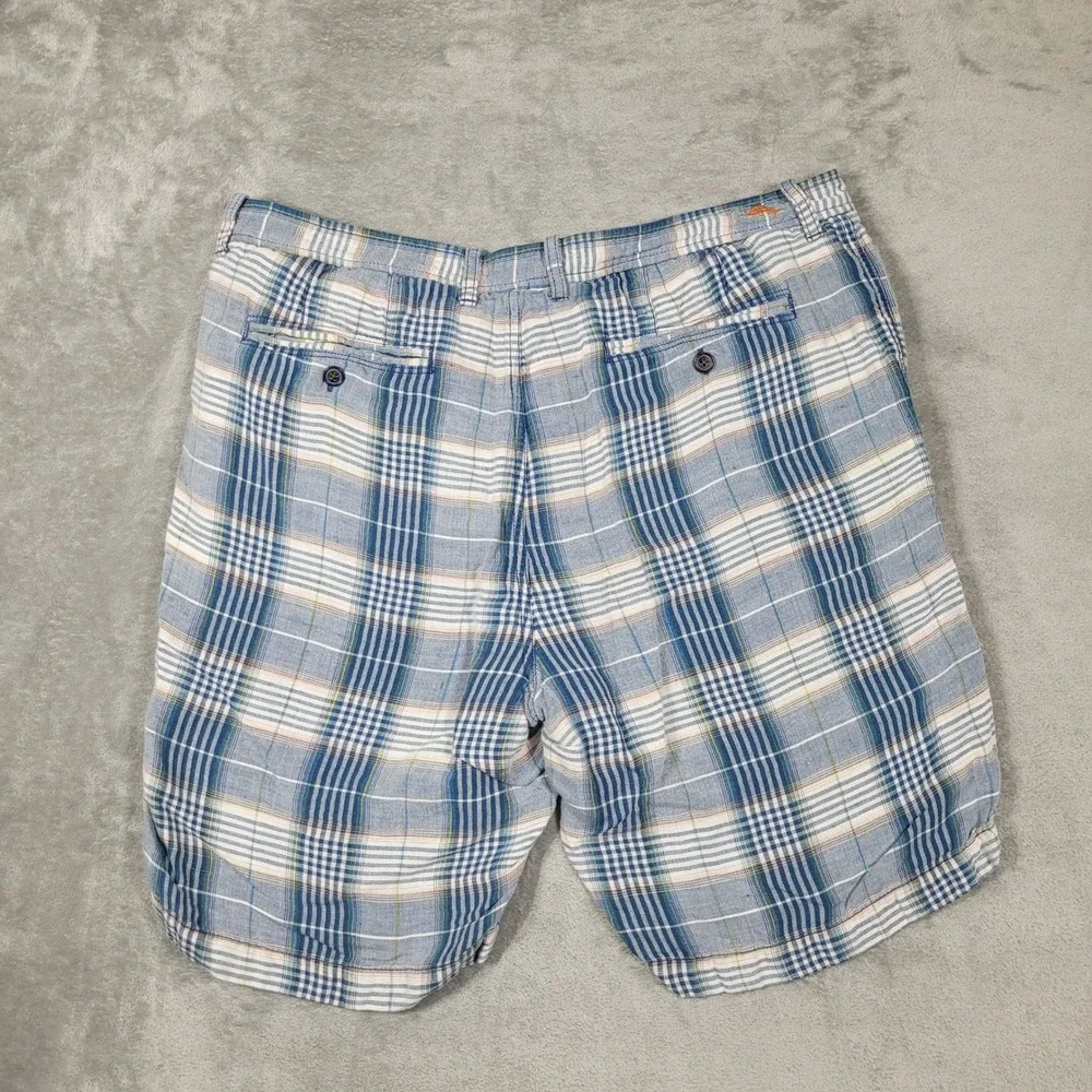 Tommy Bahama Shorts Mens 38 Blue Plaid Linen Tencel Flat Front Casual Island